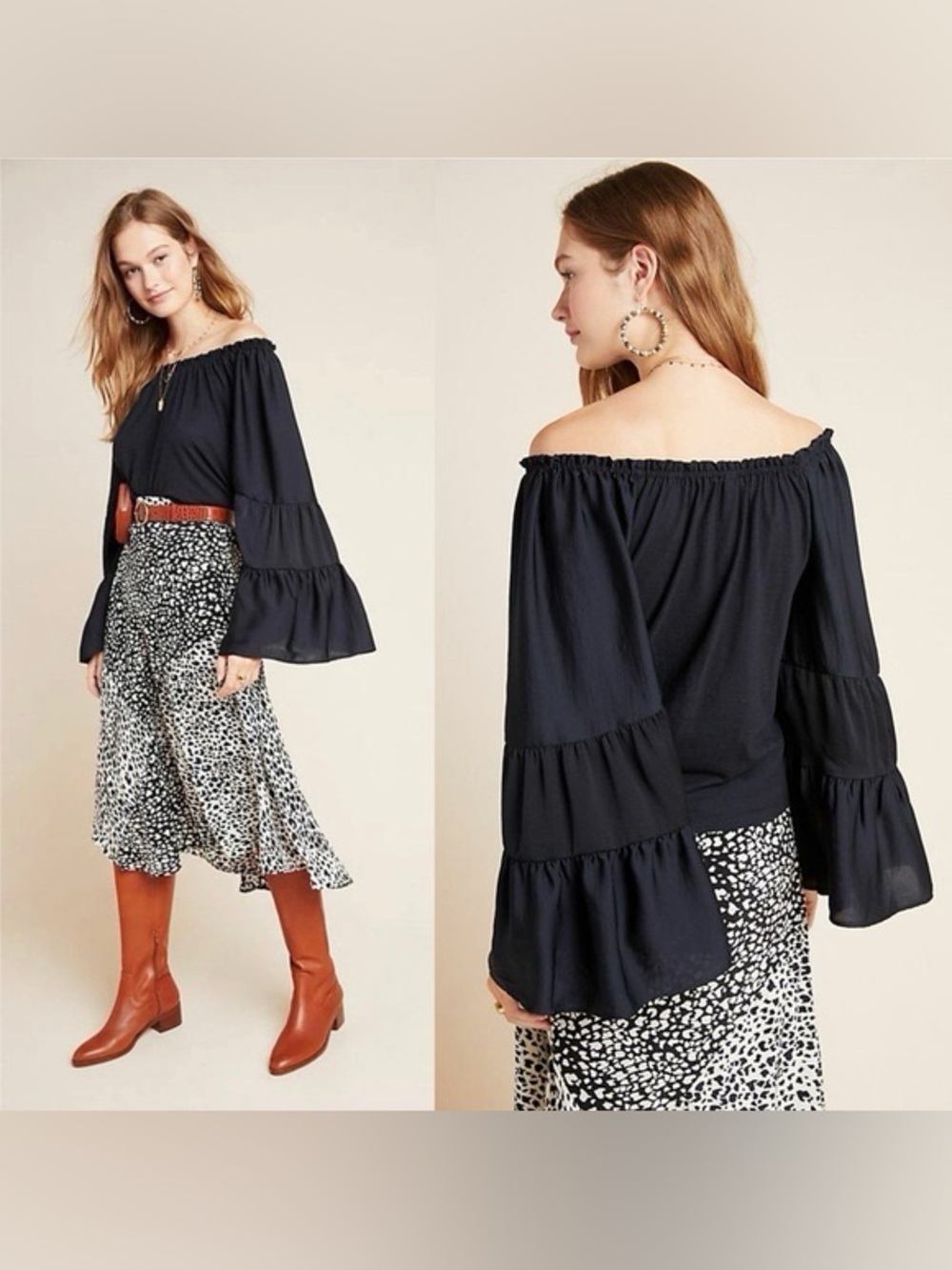 Anthropologie Gloria Off-the-Shoulder Top in Black Size Small Bell Sleeves